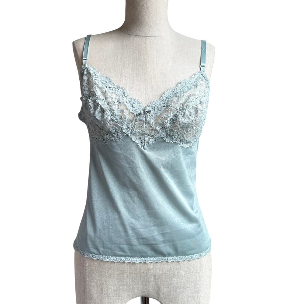 Vassarette Vintage Satin Lace Camisole Slip Top 36 Light Green Blue USA